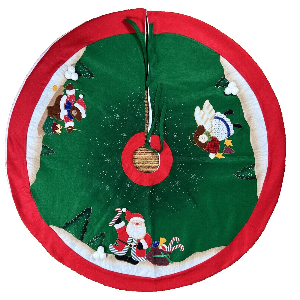Felt Christmas Tree Skirt Embellished Santa Angel Teddy Bear Trees ~ 41" Round